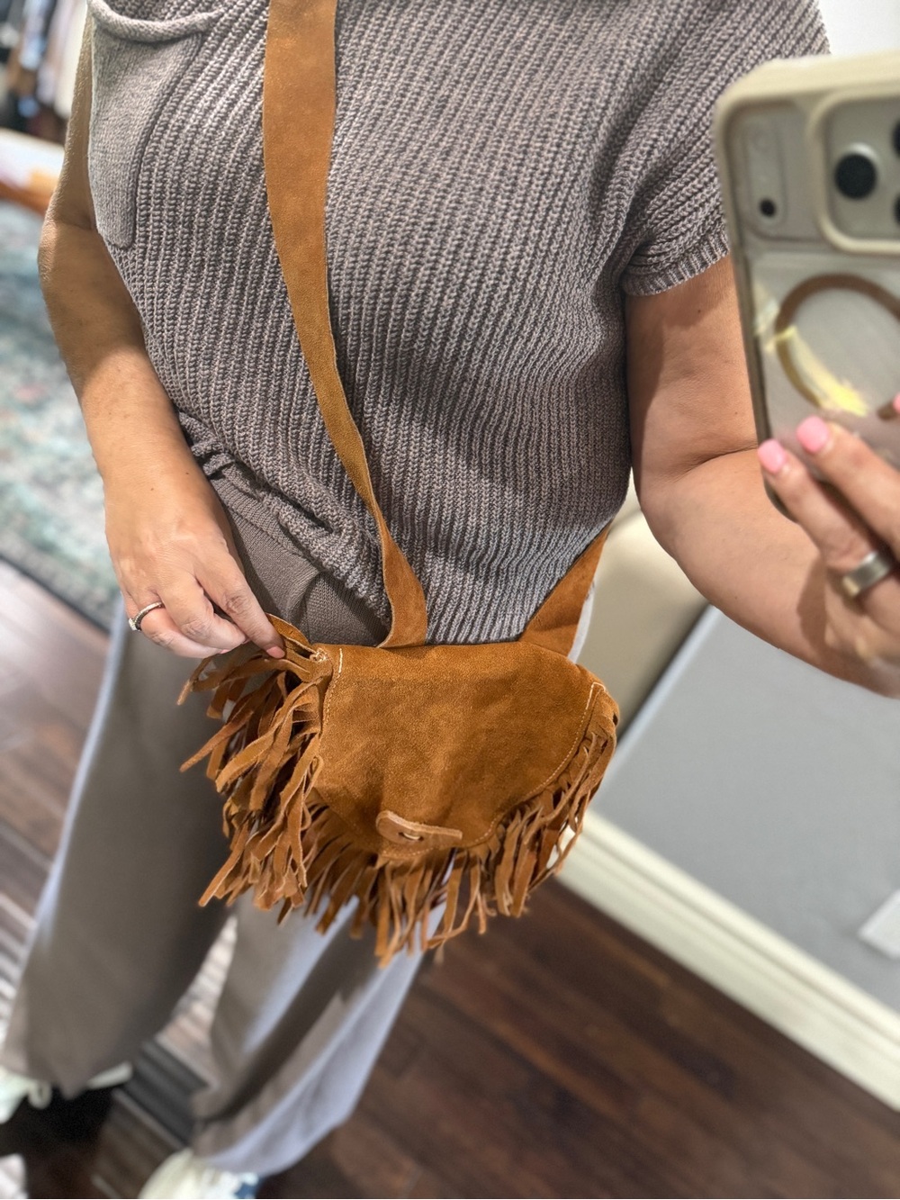 Vintage Suede Fringe Crossbody Bag - Tan - Picture 5 of 5